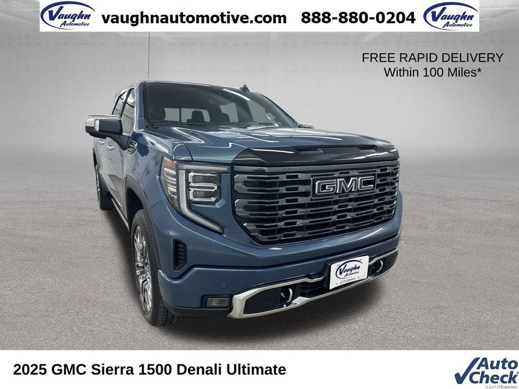 2025 GMC Sierra 1500 Denali Ultimate in Downpour Metallic — front three-quarter view